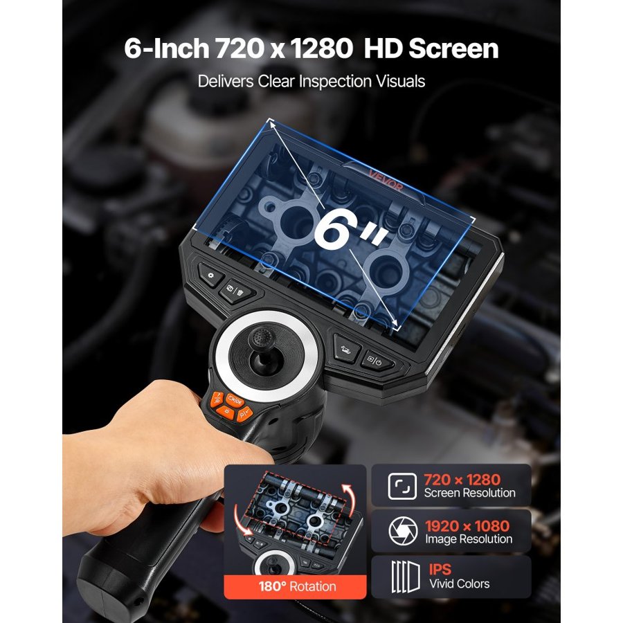 VEVOR Articulating Endoscope with Light, 4-Way 360° Articulated Borescope Camera, 6.2mm Slim Lens 1920 x 1080, 6" HD IPS Screen, 7000mAh Battery, IP67 Waterproof for Automotive & Mechanical Inspection