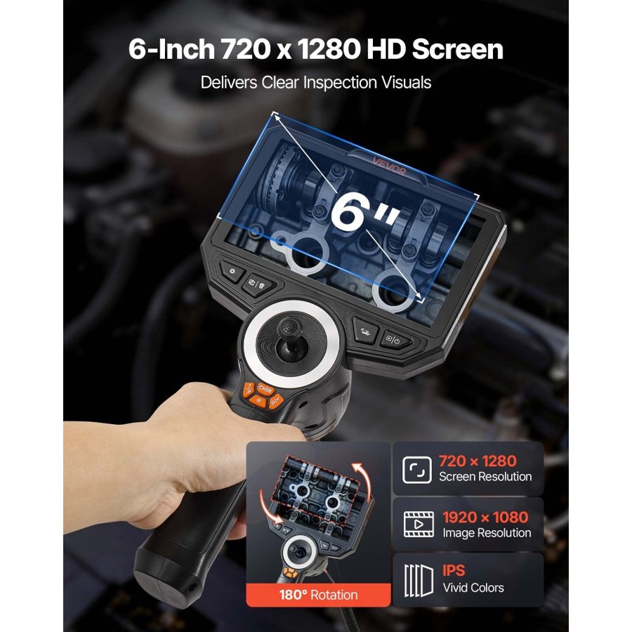 VEVOR Articulating Endoscope with Light, 4-Way 360° Articulated Borescope Camera, 6" HD IPS Screen, 1920 x 1080 Lens, 8X Zoom, 7000mAh Battery, IP67 Waterproof for Auto, Plumbing (1.5m Snake Cable)