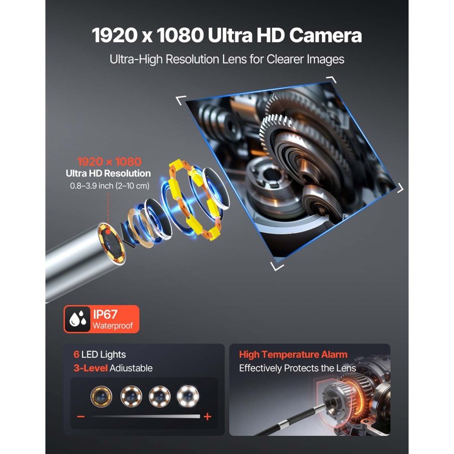 VEVOR Articulating Endoscope with Light, 4-Way 360° Articulated Borescope Camera, 6" HD IPS Screen, 1920 x 1080 Lens, 8X Zoom, 7000mAh Battery, IP67 Waterproof for Auto, Plumbing (1.5m Snake Cable)