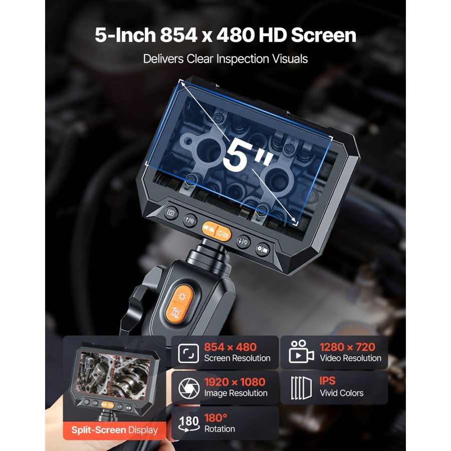 VEVOR Dual Lens Articulating Borescope – 5" Split Screen