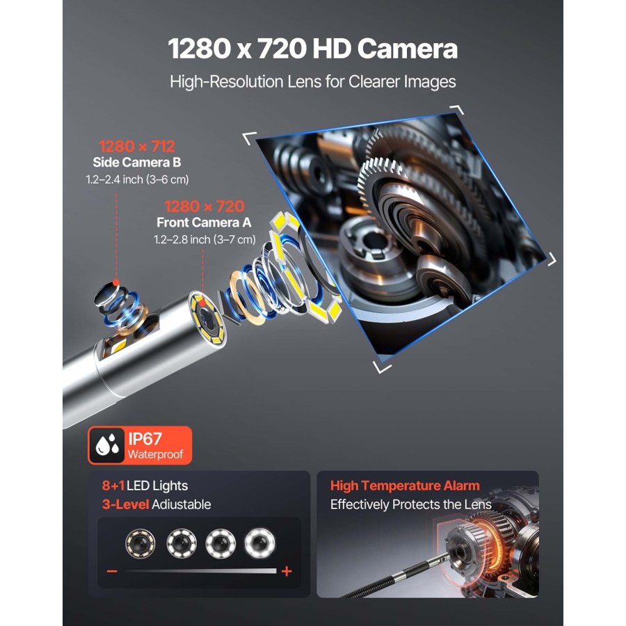 VEVOR Dual Lens Articulating Borescope – 5" Split Screen