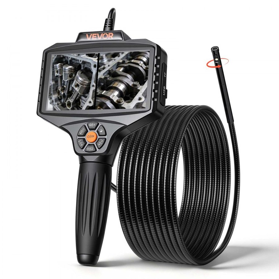 VEVOR 360° Motorized Rotation Endoscope, Dual Lens Industrial Borescope Camera with Light, 5" HD IPS Split-Screen, 8mm Slim Lens, IP67 Waterproof Inspection Camera for Auto, Plumbing (5m Snake Cable)