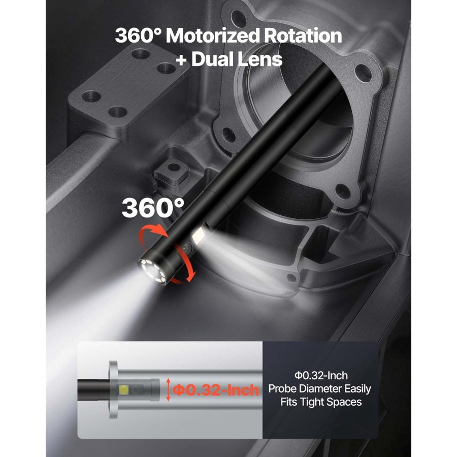 VEVOR 360° Motorized Rotation Endoscope, Dual Lens Industrial Borescope Camera with Light, 5" HD IPS Split-Screen, 8mm Slim Lens, IP67 Waterproof Inspection Camera for Auto, Plumbing (5m Snake Cable)