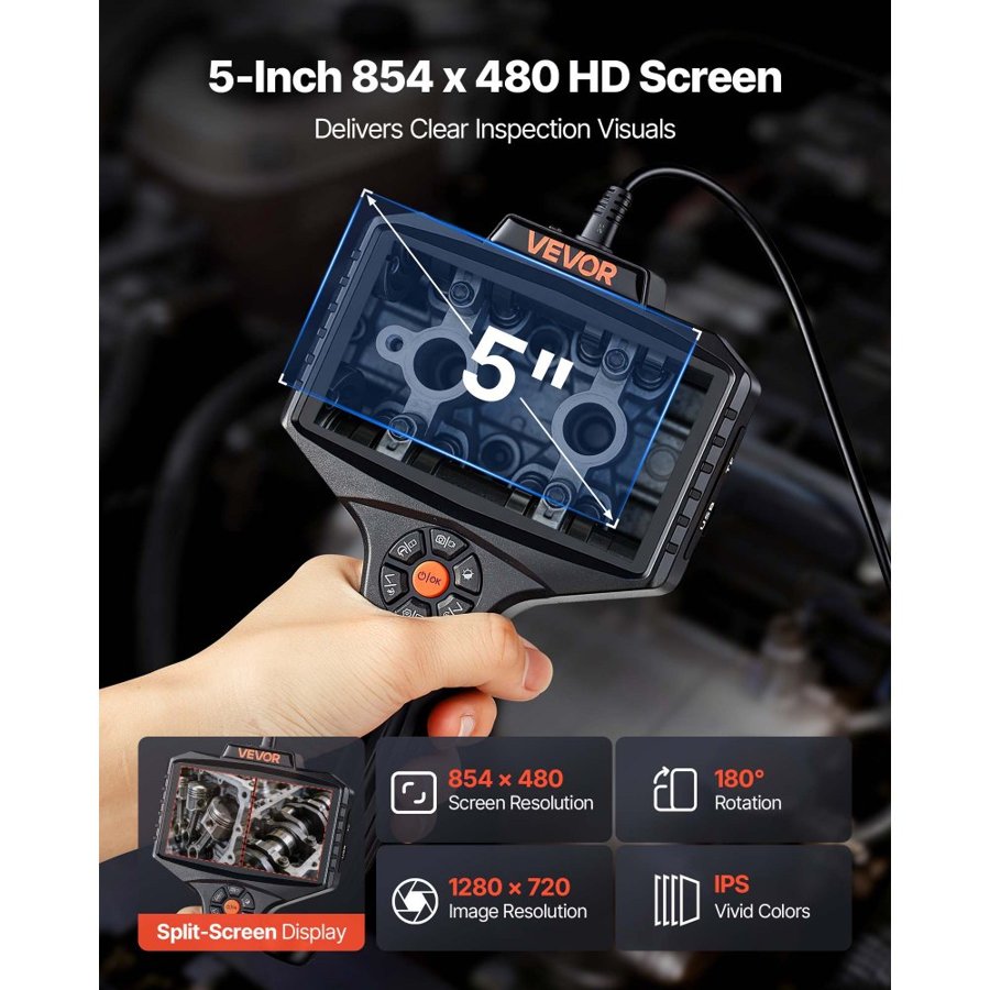 VEVOR 360° Motorized Rotation Endoscope, Dual Lens Industrial Borescope Camera with Light, 5" HD IPS Split-Screen, 8mm Slim Lens, IP67 Waterproof Inspection Camera for Auto, Plumbing (5m Snake Cable)