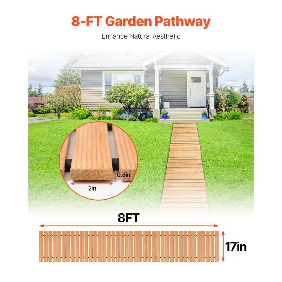 VEVOR Wooden Garden Pathway, 8 ft L x 17 in W, Non-Slip Straight Garden Walkway, Roll Out Cedar Outdoor Walkway Path with Wire Rope Connection, Decorative Garden Paver for Backyard Wedding Party