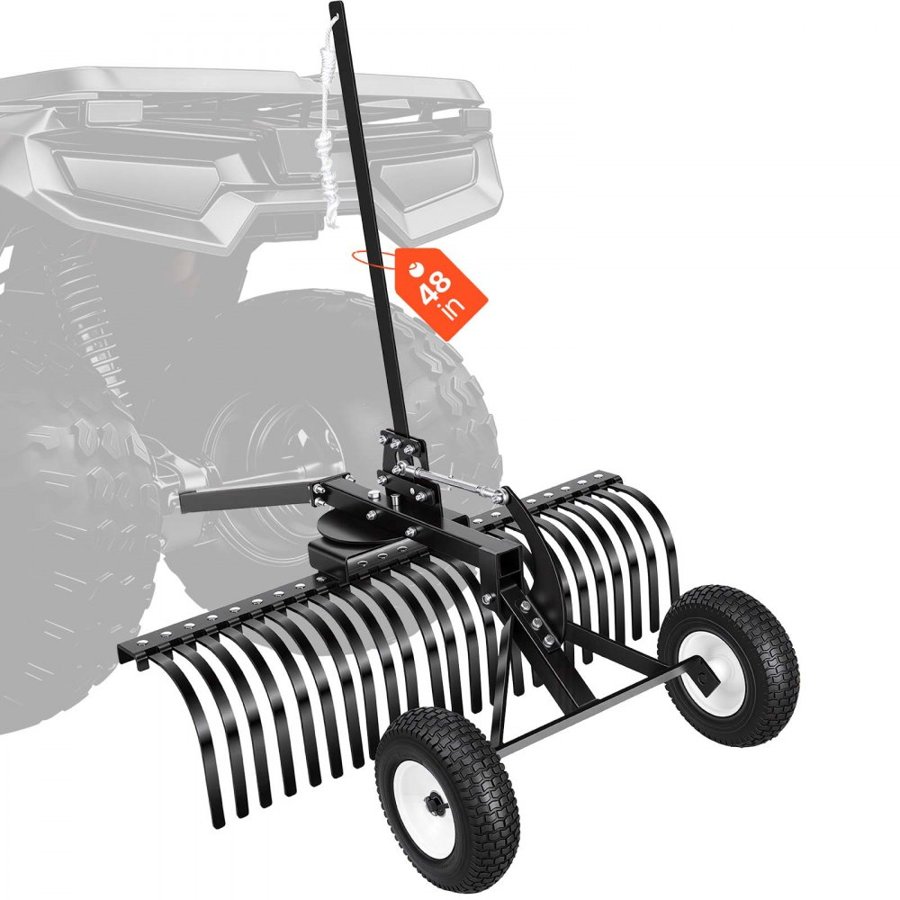VEVOR 122 cm Tow Behind Landscape Rake, Pull Behind Lawn Rock Rakes for ATV Mower Tractors, 24 Durable Steel Tines, Adjustable Height & Angle, Heavy Duty Dethatcher Rake for Leaves Debris