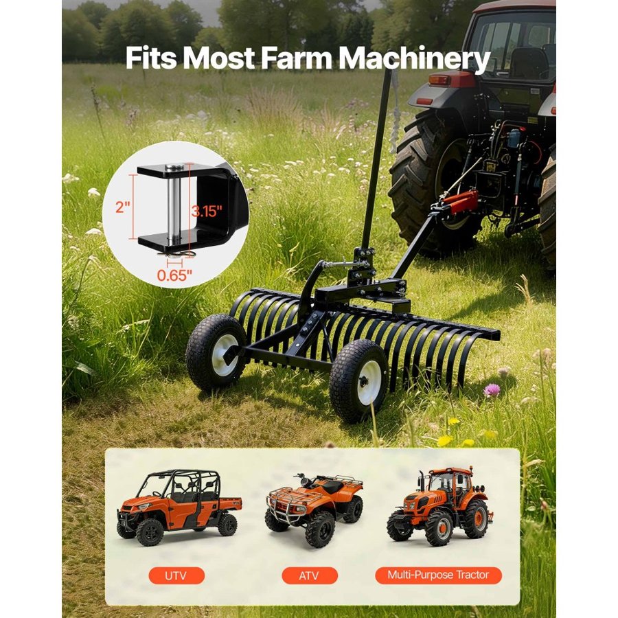 VEVOR 122 cm Tow Behind Landscape Rake, Pull Behind Lawn Rock Rakes for ATV Mower Tractors, 24 Durable Steel Tines, Adjustable Height & Angle, Heavy Duty Dethatcher Rake for Leaves Debris
