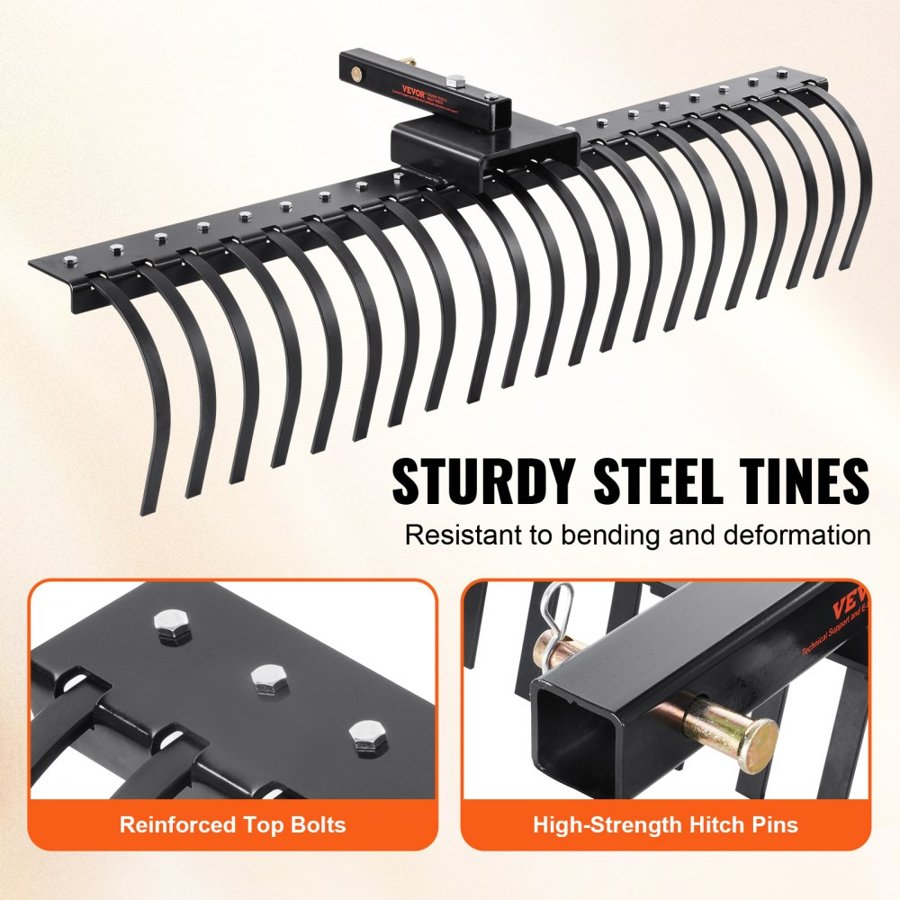 VEVOR Tow Behind Landscape Rake, 60" Tow Dethatcher with 21 Steel Coil Tines, Lawn Dethatcher Rake Attaches to 48" or 60" Toolbars and 3-point Suspension Systems, for Leaves, Pine Needles, and Grass