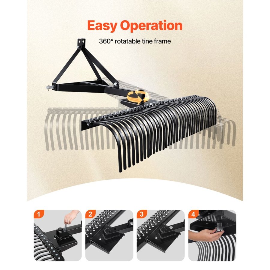 VEVOR Tow Behind Dethatcher, 183 cm Tow Dethatcher with 36 Steel Tines, 3-Point Lawn Dethatchers Rake with Attachments for Tractor, Landscape Rake for Garden, Farm, Grass