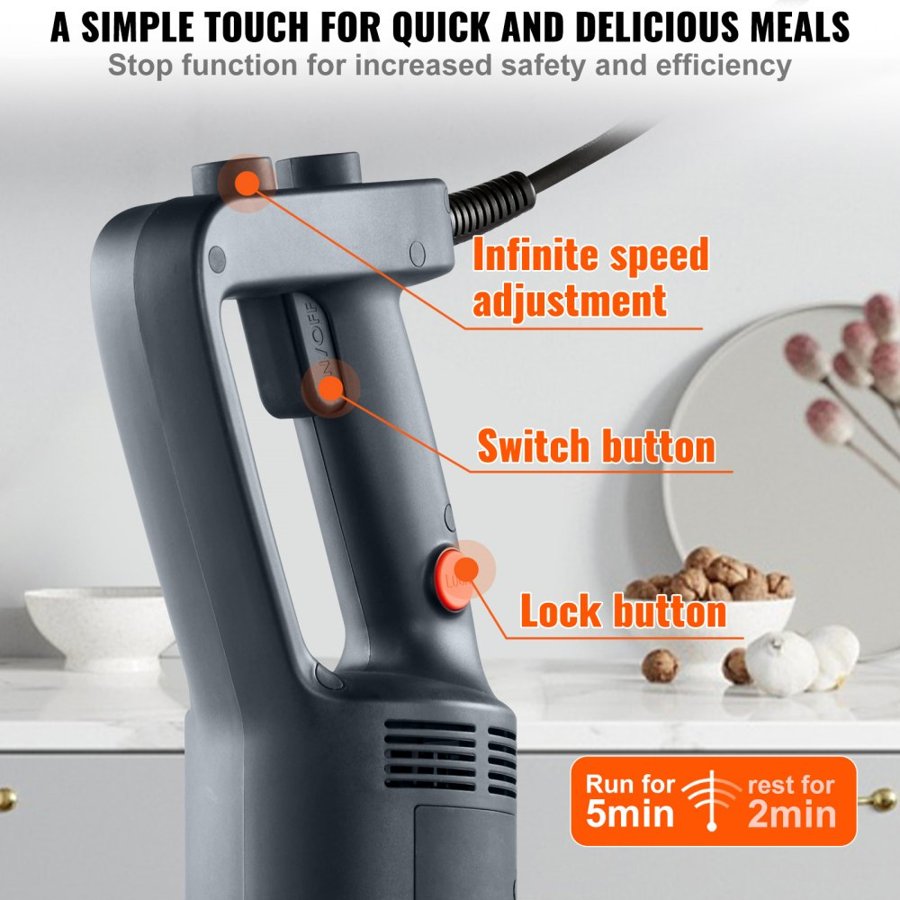 VEVOR Commercial Immersion Blender, 750 Watt Heavy Duty Hand Mixer, Variable Speed Kitchen Stick Mixer with 304 Stainless Steel Blade, Multi-Purpose Portable Mixer for Soup, Smoothie, Puree, Baby Food