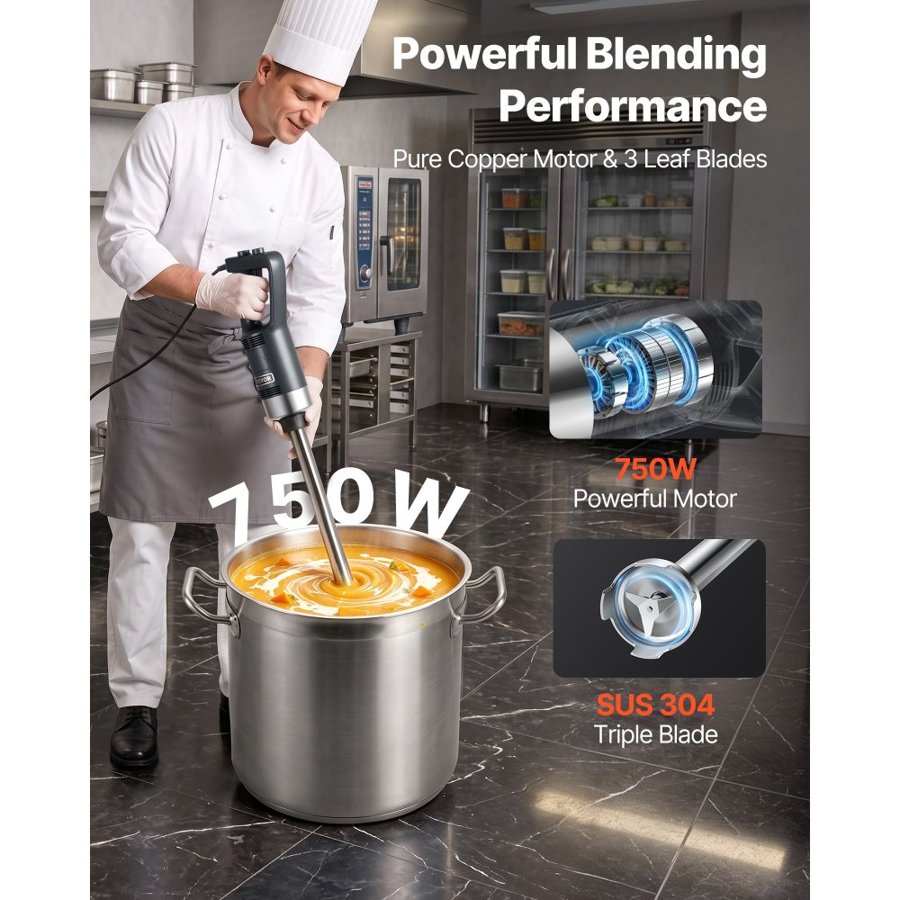 VEVOR Commercial Immersion Blender, 750 Watt Heavy Duty Hand Mixer, Variable Speed Kitchen Stick Mixer with 304 Stainless Steel Blade, Multi-Purpose Portable Mixer for Soup, Smoothie, Puree, Baby Food