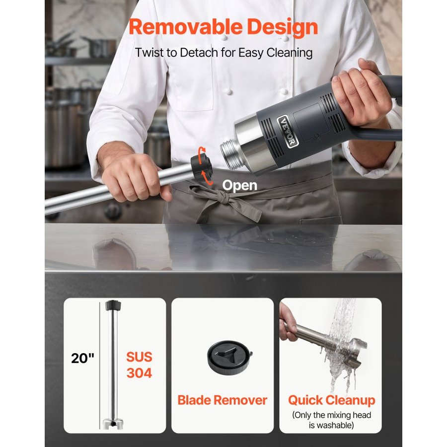 VEVOR Commercial Immersion Blender, 750 Watt Heavy Duty Hand Mixer, Variable Speed Kitchen Stick Mixer with 304 Stainless Steel Blade, Multi-Purpose Portable Mixer for Soup, Smoothie, Puree, Baby Food