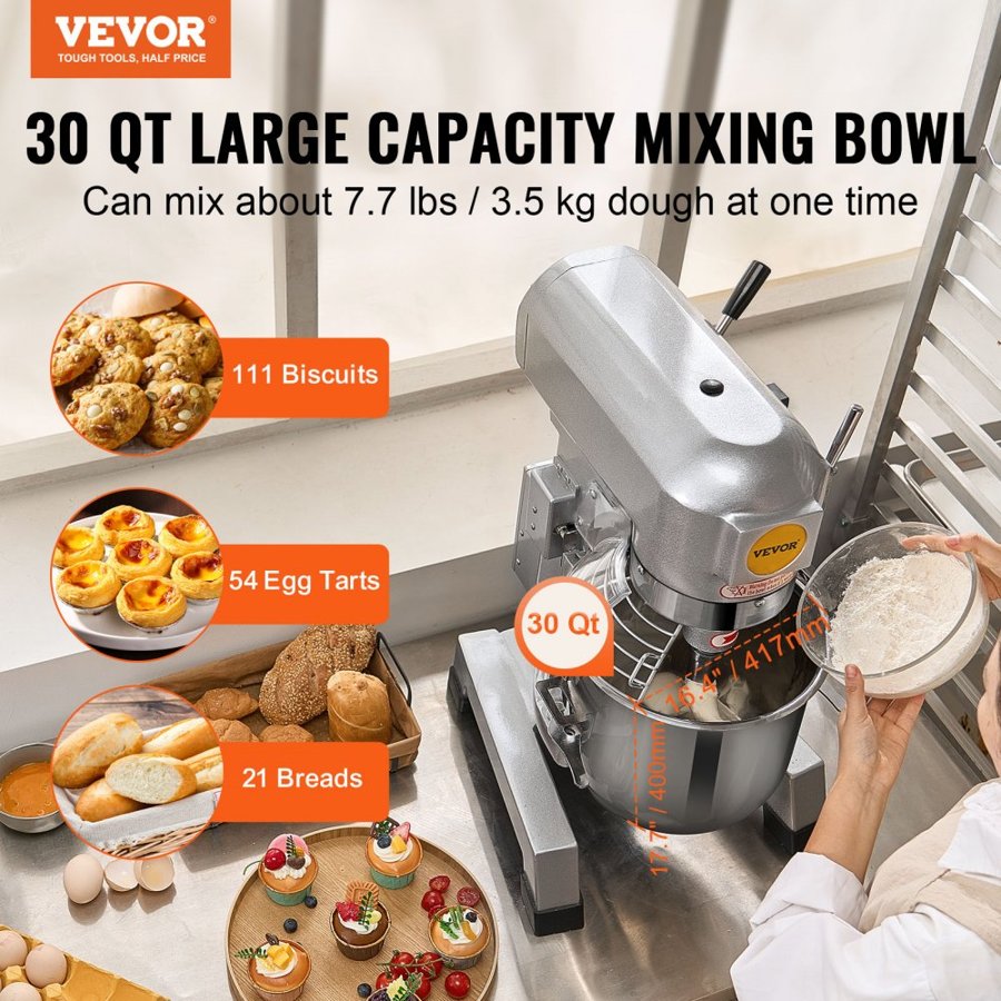 VEVOR Commercial Food Mixer, 28.5L Commercial Stand Mixer with 3 Adjustable Speeds, 1100W Dough Mixer with Stainless Steel Bowl and 3 Mixing Attachments, Ideal for Restaurant, Bakery, Pastry shop, Caf