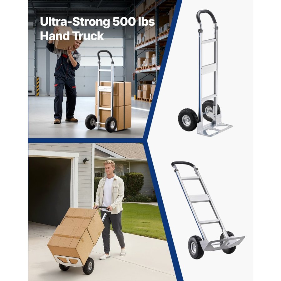 VEVOR Hand Truck, 226.9 kg Load Capacity, Heavy-Duty Hand Truck Dolly with Non-Slip Wheels & Handle, Aluminum Alloy Portable Trolley Dolly with Tie-down Strap for Moving Home, Office, Warehouse