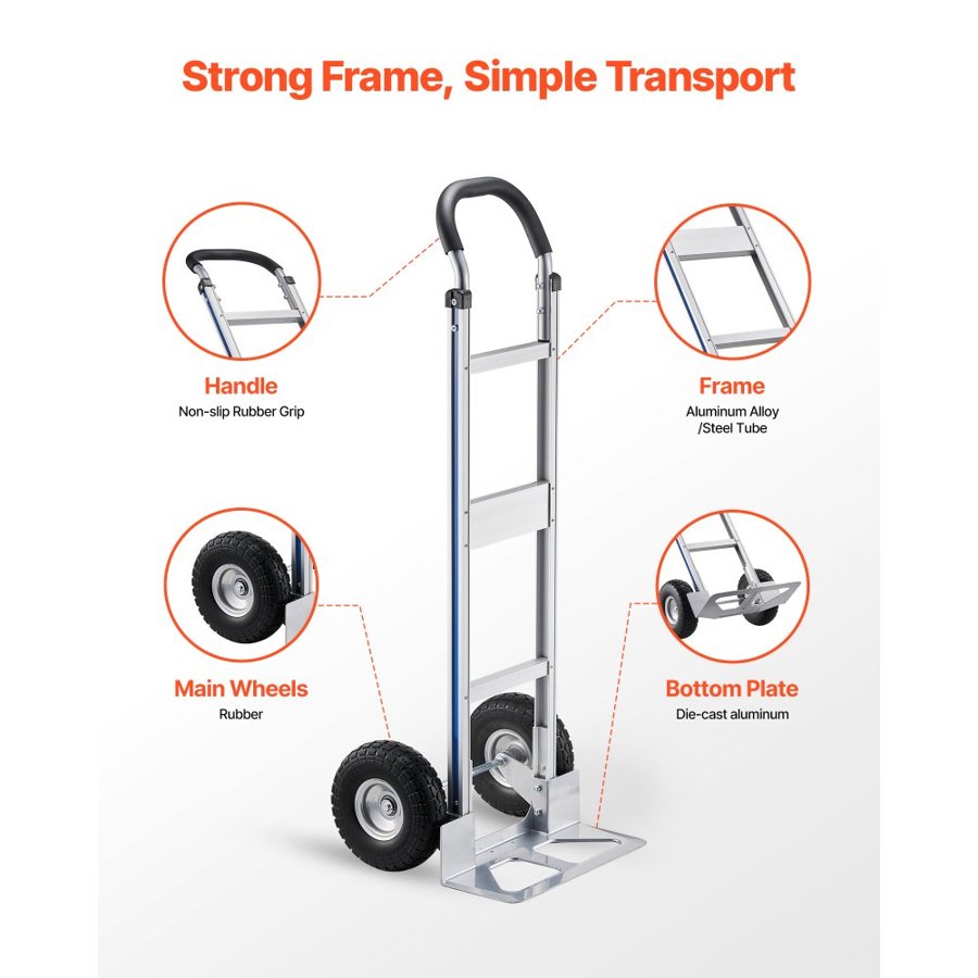 VEVOR Hand Truck, 226.9 kg Load Capacity, Heavy-Duty Hand Truck Dolly with Non-Slip Wheels & Handle, Aluminum Alloy Portable Trolley Dolly with Tie-down Strap for Moving Home, Office, Warehouse