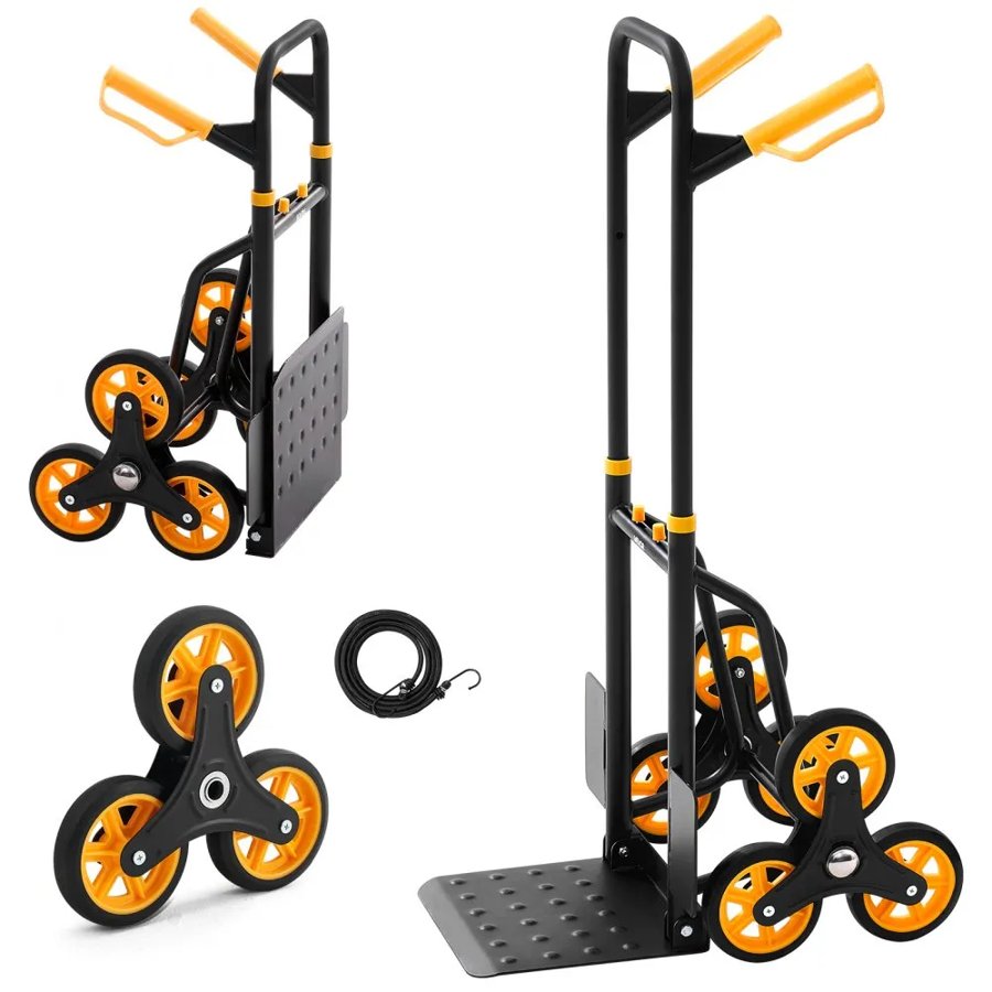 VEVOR Stair Climbing Cart, 150 kg Stair-Climbing Capacity, Heavy-Duty Folding Trolley Cart with Telescoping Handle, 6 Wheels and 2 Bungee Cords, Stair Climber Dolly for Home, Groceries, Warehouse