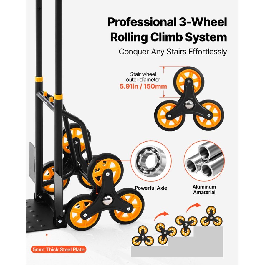 VEVOR Stair Climbing Cart, 150 kg Stair-Climbing Capacity, Heavy-Duty Folding Trolley Cart with Telescoping Handle, 6 Wheels and 2 Bungee Cords, Stair Climber Dolly for Home, Groceries, Warehouse