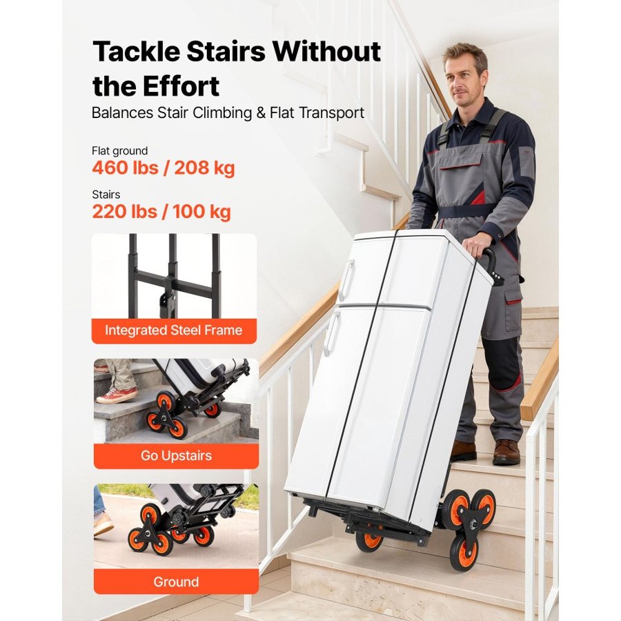VEVOR Stair Climbing Cart, 100 kg Stair-Climbing Capacity, Heavy-Duty Folding Trolley Cart with Telescoping Handle, 6 Wheels and 2 Bungee Cords, Stair Climber Dolly for Home, Groceries, Warehouse