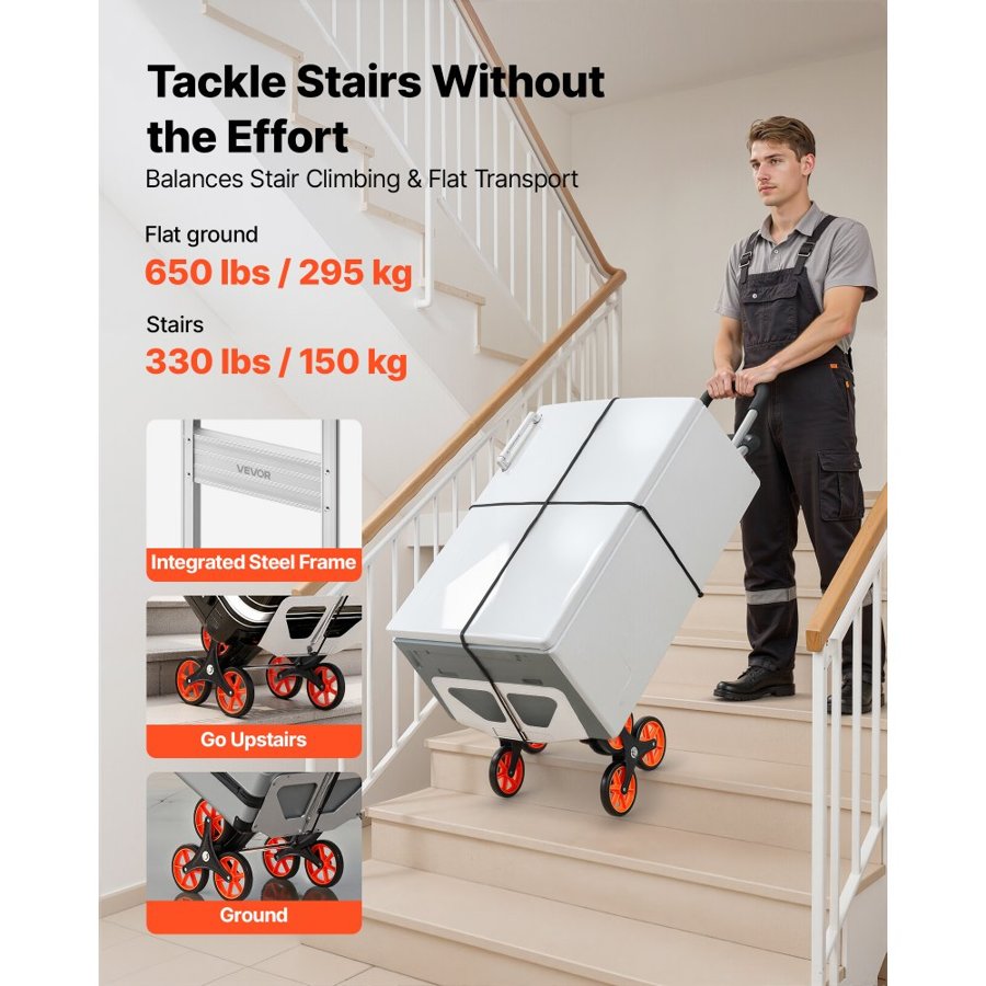 VEVOR Stair Climbing Cart, 150 kg Stair-Climb Capacity, Aluminum Alloy Folding Trolley Cart with Telescoping Handle, 6 Wheels and 2 Bungee Cords, Stair Climber Dolly for Home, Groceries, Warehouse