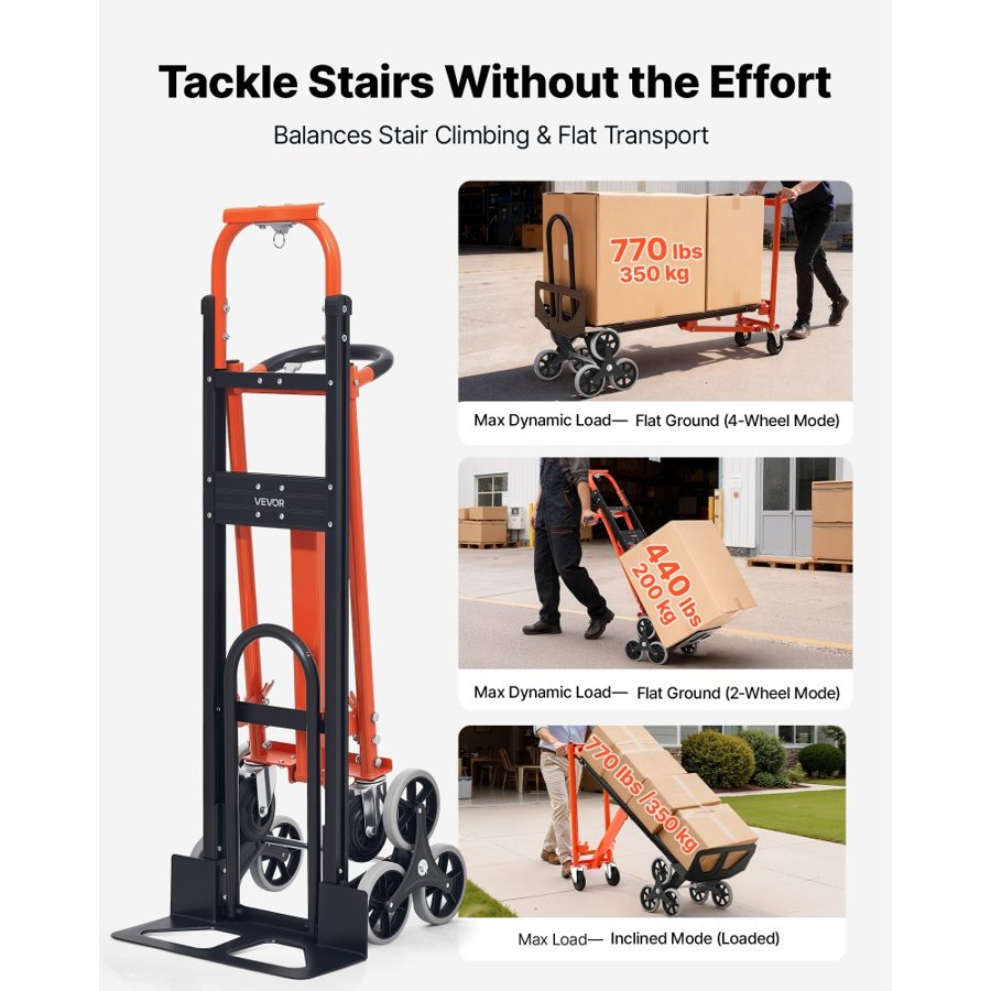VEVOR 3 in 1 Industrial Convertible Stair Climbing Cart, 350 kg Max Load, Folding Hand Truck Dolly with Handle & Wheels, Stair Climbing Utility Trolley for Transport & Moving, Orange & Silver