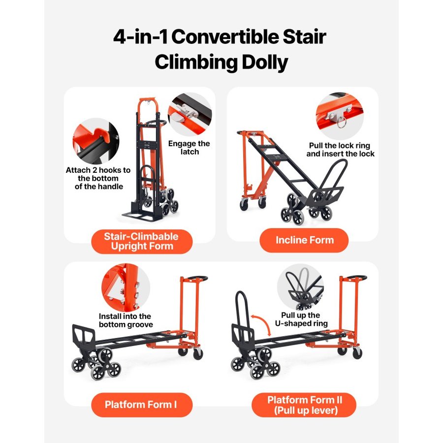 VEVOR 3 in 1 Industrial Convertible Stair Climbing Cart, 350 kg Max Load, Folding Hand Truck Dolly with Handle & Wheels, Stair Climbing Utility Trolley for Transport & Moving, Orange & Silver