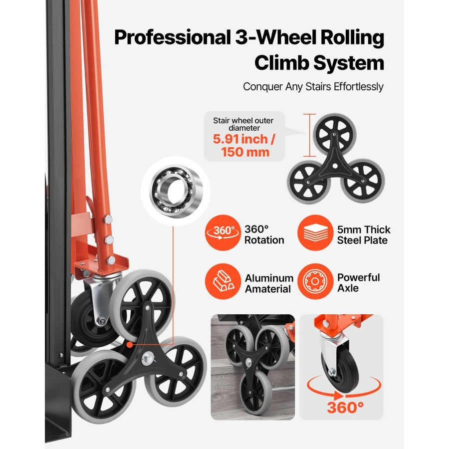 VEVOR 3 in 1 Industrial Convertible Stair Climbing Cart, 350 kg Max Load, Folding Hand Truck Dolly with Handle & Wheels, Stair Climbing Utility Trolley for Transport & Moving, Orange & Silver