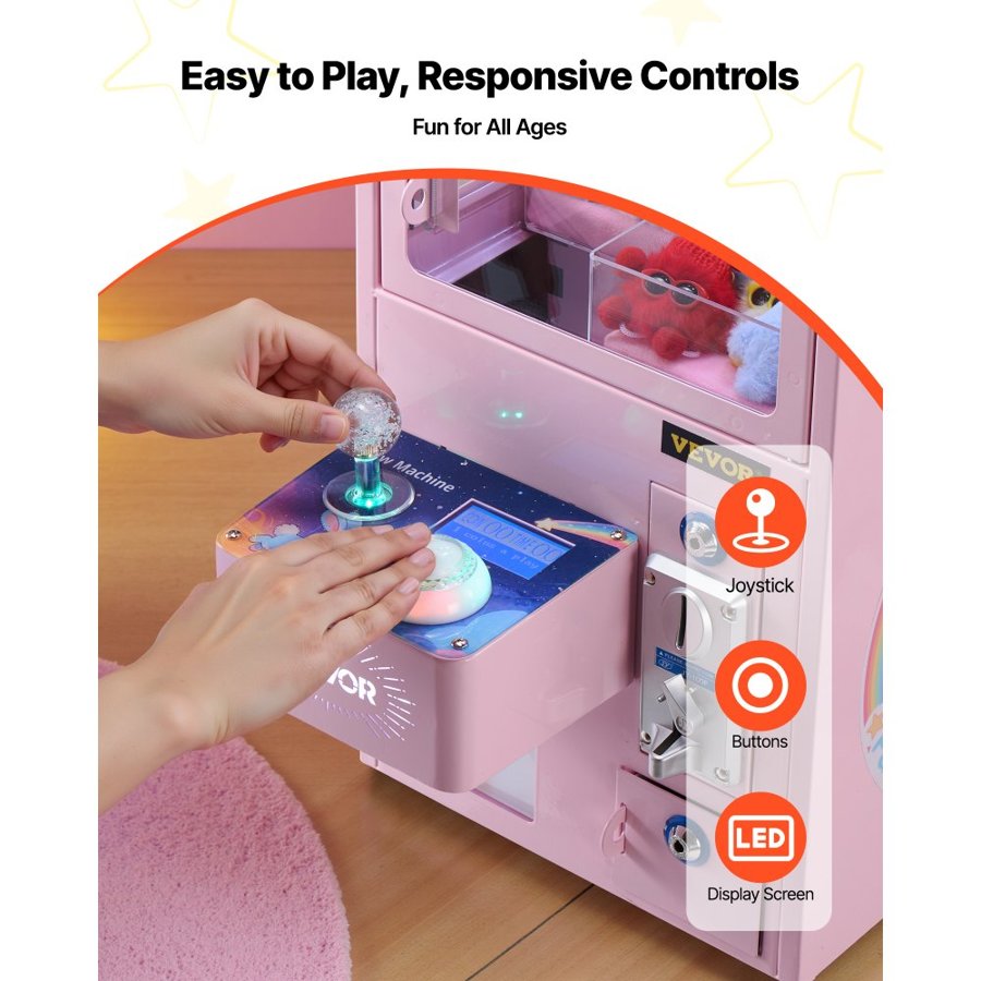 VEVOR Claw Crane Machine, Medium-Sized Arcade Game Machine with Light & Sound, Adjustable Steel Claws, Precise Toy Candy Grabber Prize Dispenser Vending Toy, for Commercial Home Parties Cinema, Pink