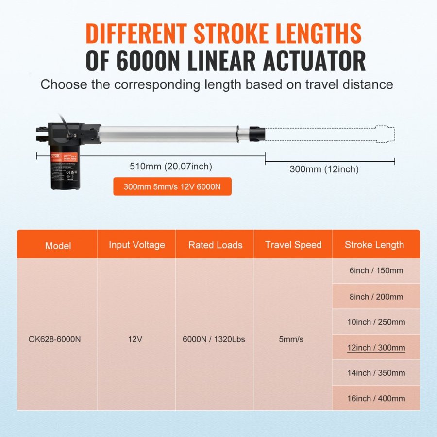 VEVOR Linear Actuator 12V 300 mm Heavy Duty 6000N 5mm/s IP44 Protection