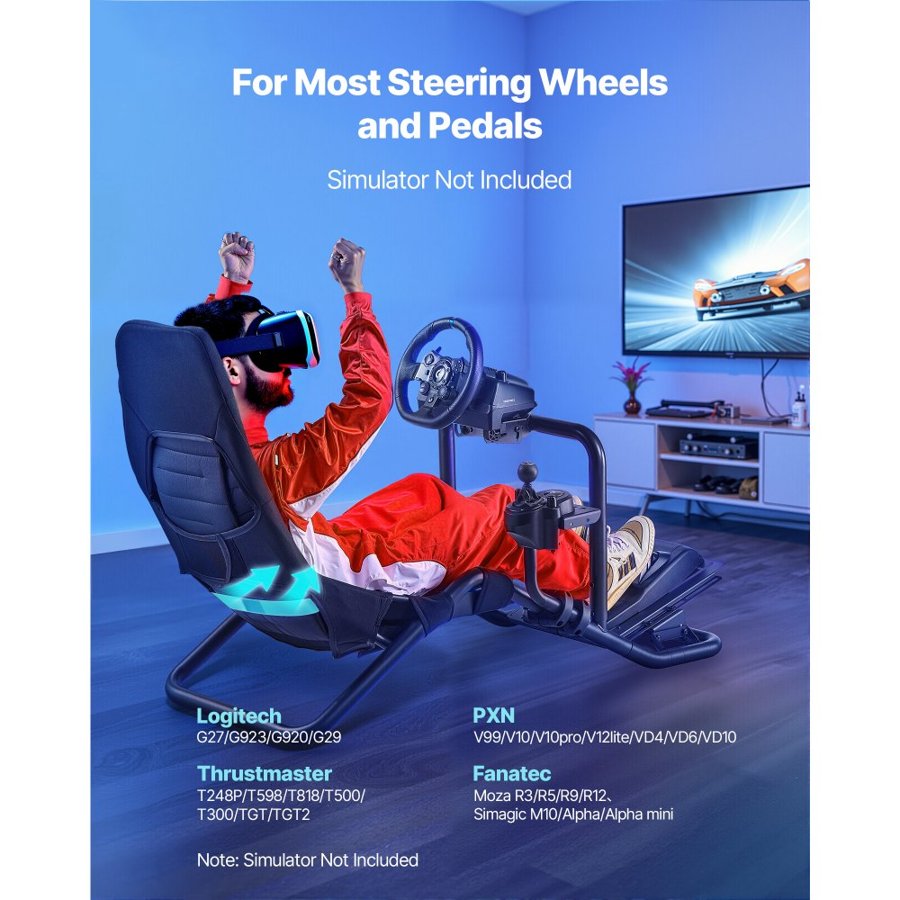 VEVOR Racing Wheel Stand, Heavy-Duty Integrated Simulator Cockpit Steering Stand, Fit Logitech G25,G27,G29,G920,G923, Thrustmaster T300RS,TX F458,T500RS,T3PA-PRO (F1/GT) and CSR Pedals, Black
