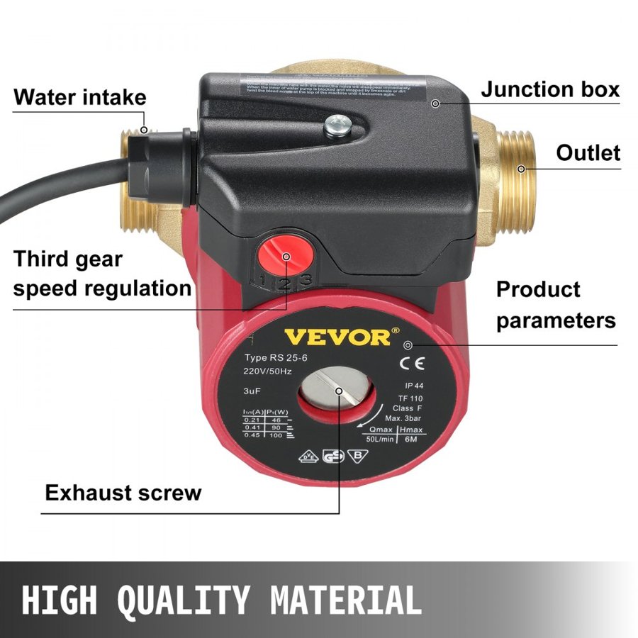 VEVOR Hot Water Circulation Pump 0.6-Inch 220V 5.3 GPM 90W Water Pump 0.8A for Bar Electronic Home Shower Washing Machine
