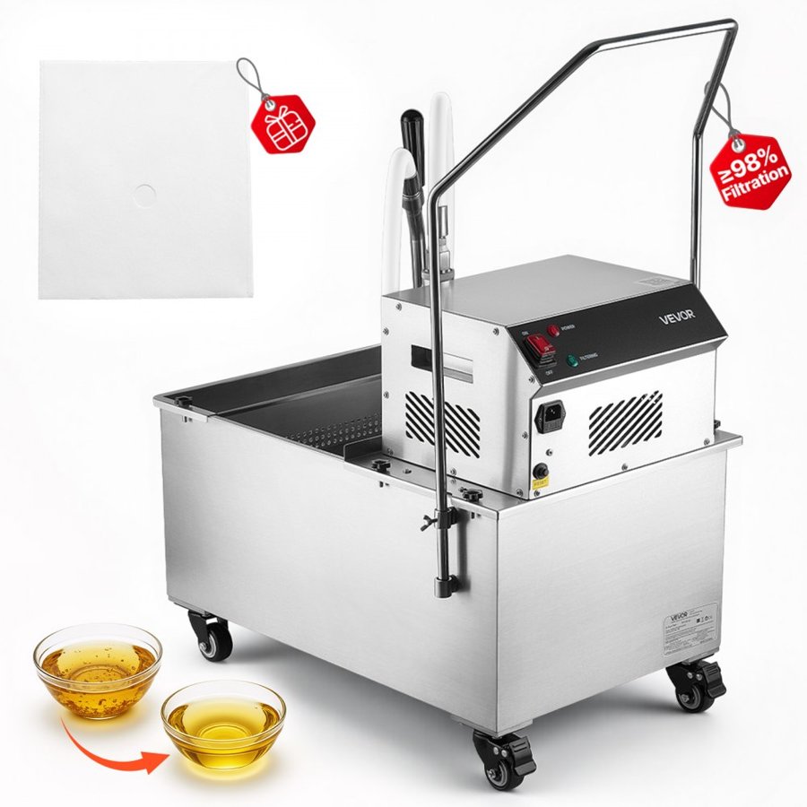 VEVOR Commercial Mobile Fryer Filter Machine, 55L /14.5Gal Filter Truck Cart, 250W Deep Frying Oil Filtration System, Stainless Steel, 12 L/min Filtering Speed, for Restaurant, Kitchen, Burger Shop