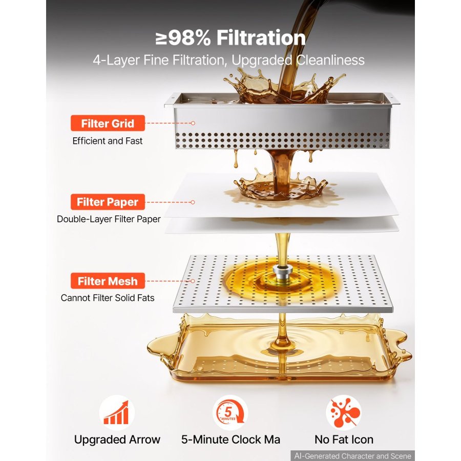 VEVOR Commercial Mobile Fryer Filter Machine, 55L /14.5Gal Filter Truck Cart, 250W Deep Frying Oil Filtration System, Stainless Steel, 12 L/min Filtering Speed, for Restaurant, Kitchen, Burger Shop