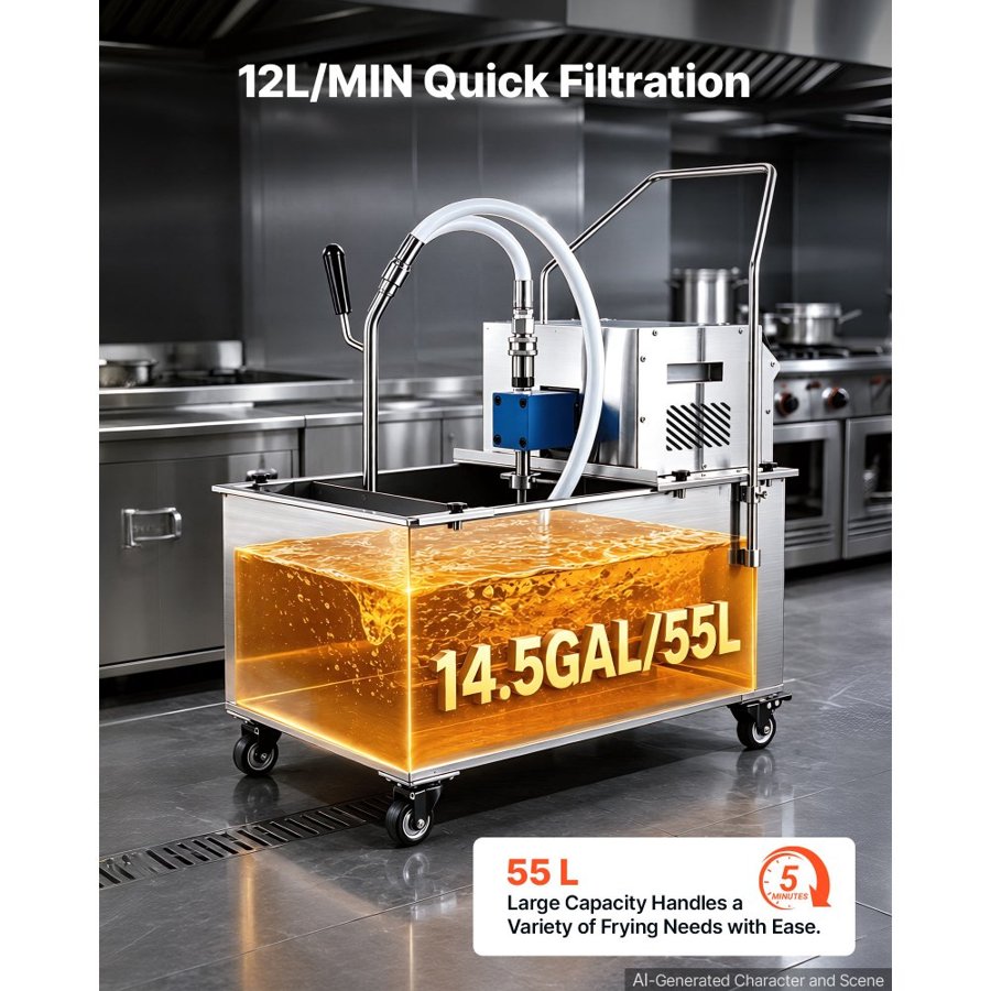 VEVOR Commercial Mobile Fryer Filter Machine, 55L /14.5Gal Filter Truck Cart, 250W Deep Frying Oil Filtration System, Stainless Steel, 12 L/min Filtering Speed, for Restaurant, Kitchen, Burger Shop