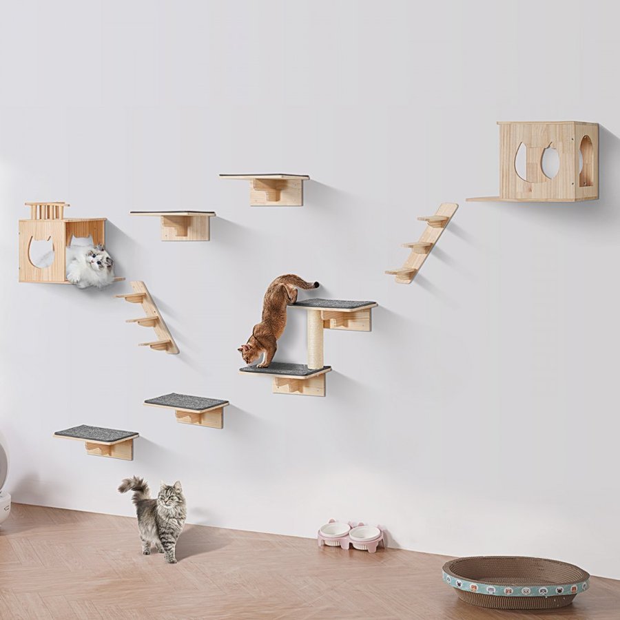 VEVOR Wall Mounted Cat Shelves, Cat Wall Shelves and Perches with Jumping Boards, Cat Beds, Hammocks & Cat Tree, Cat Furniture and Shelves up to 40 lbs for Sleeping, Playing, Climbing, Set of 9