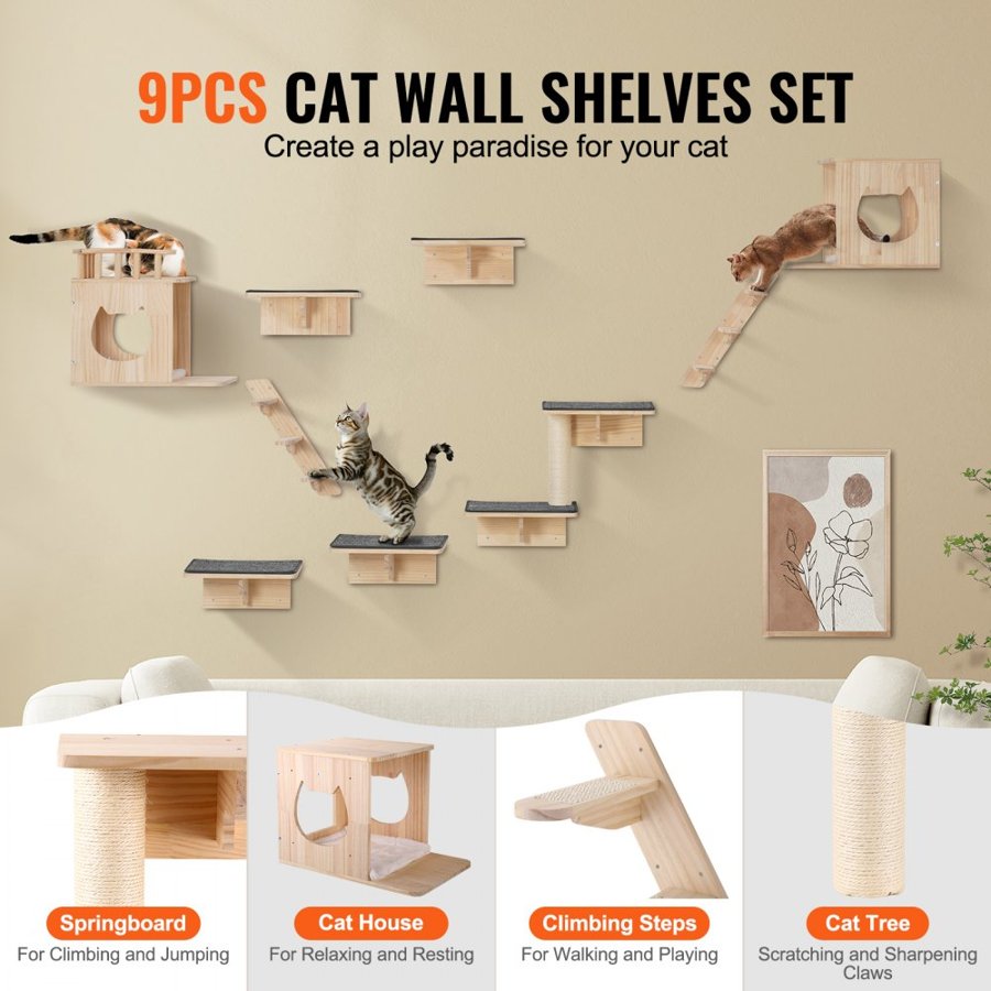 VEVOR Wall Mounted Cat Shelves, Cat Wall Shelves and Perches with Jumping Boards, Cat Beds, Hammocks & Cat Tree, Cat Furniture and Shelves up to 40 lbs for Sleeping, Playing, Climbing, Set of 9