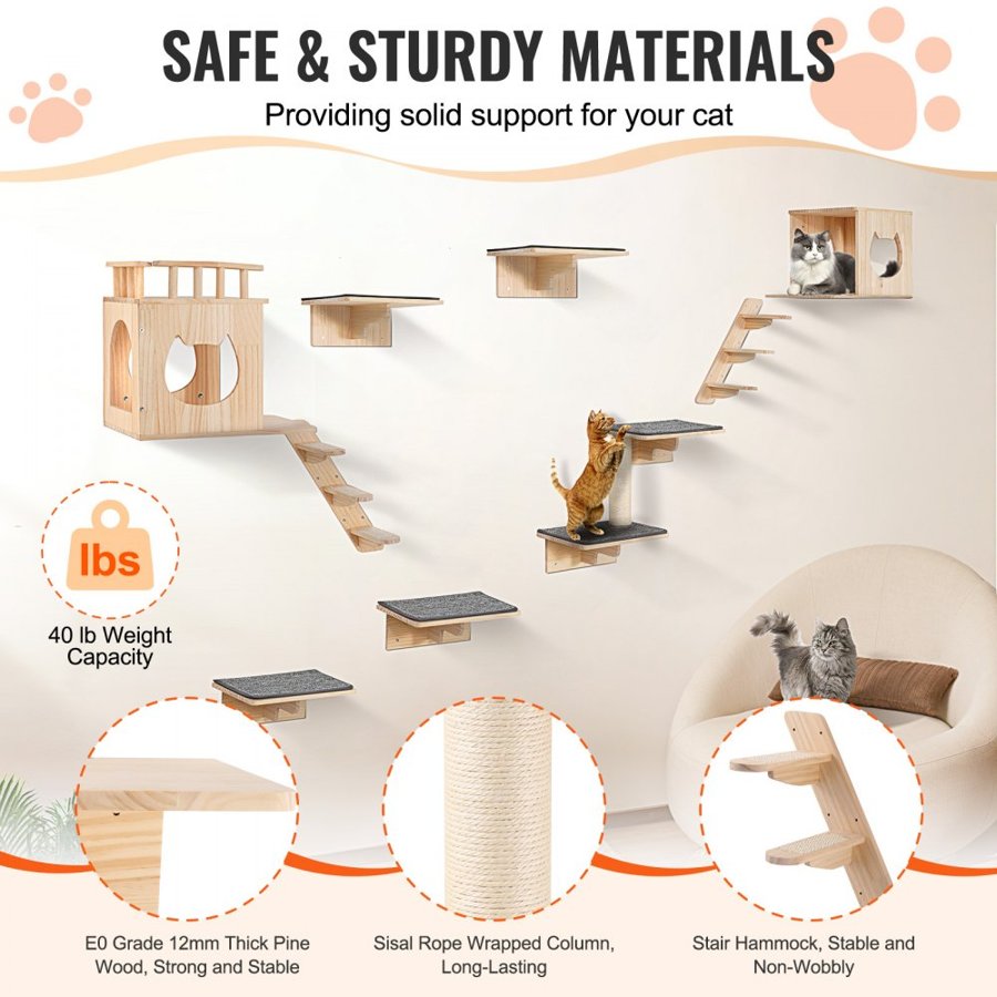 VEVOR Wall Mounted Cat Shelves, Cat Wall Shelves and Perches with Jumping Boards, Cat Beds, Hammocks & Cat Tree, Cat Furniture and Shelves up to 40 lbs for Sleeping, Playing, Climbing, Set of 9