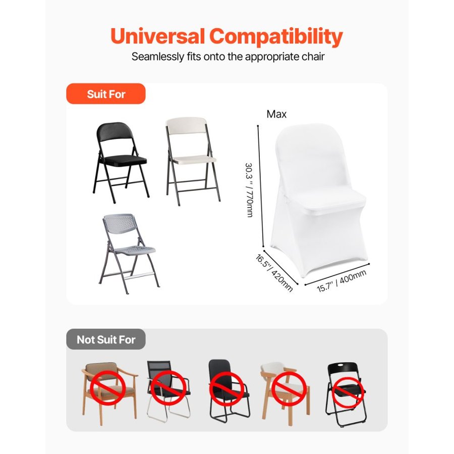 VEVOR Stretch Spandex Folding Chair Covers, Universal Fitted Chair Cover, Removable Washable Protective Slipcovers, for Wedding, Holiday, Banquet, Party, Celebration, Dining (12PCS White)