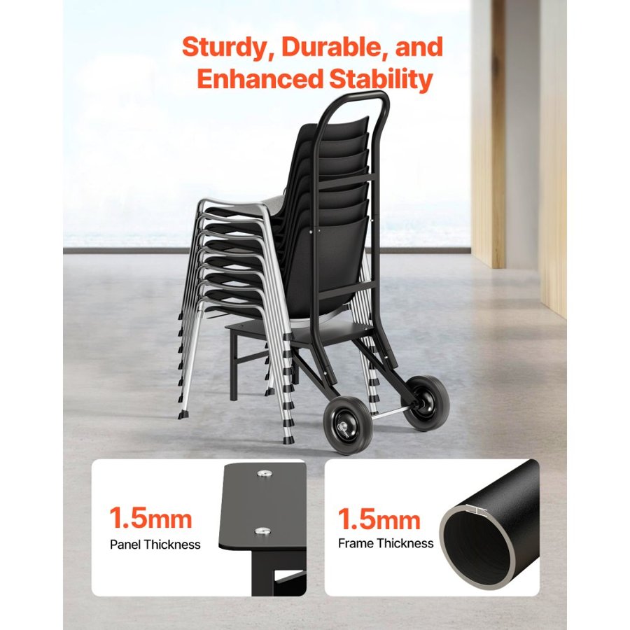 VEVOR Folding Chair Rack, 150 LBS Capacity, Heavy-duty Chair Cart for Stacking 10 Chairs, Multi-Function Metal Chair Storage Dolly with Rubber Wheels, Push-Style Chair Holder, Matte Black