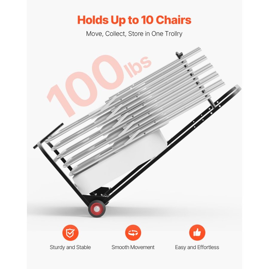VEVOR Folding Chair Rack, 100 LBS Capacity, Heavy-duty Chair Cart for Hanging 10 Chairs, Multi-Function Metal Chair Storage Dolly with Rubber Wheels, Push-Style Chair Holder, Matte Black