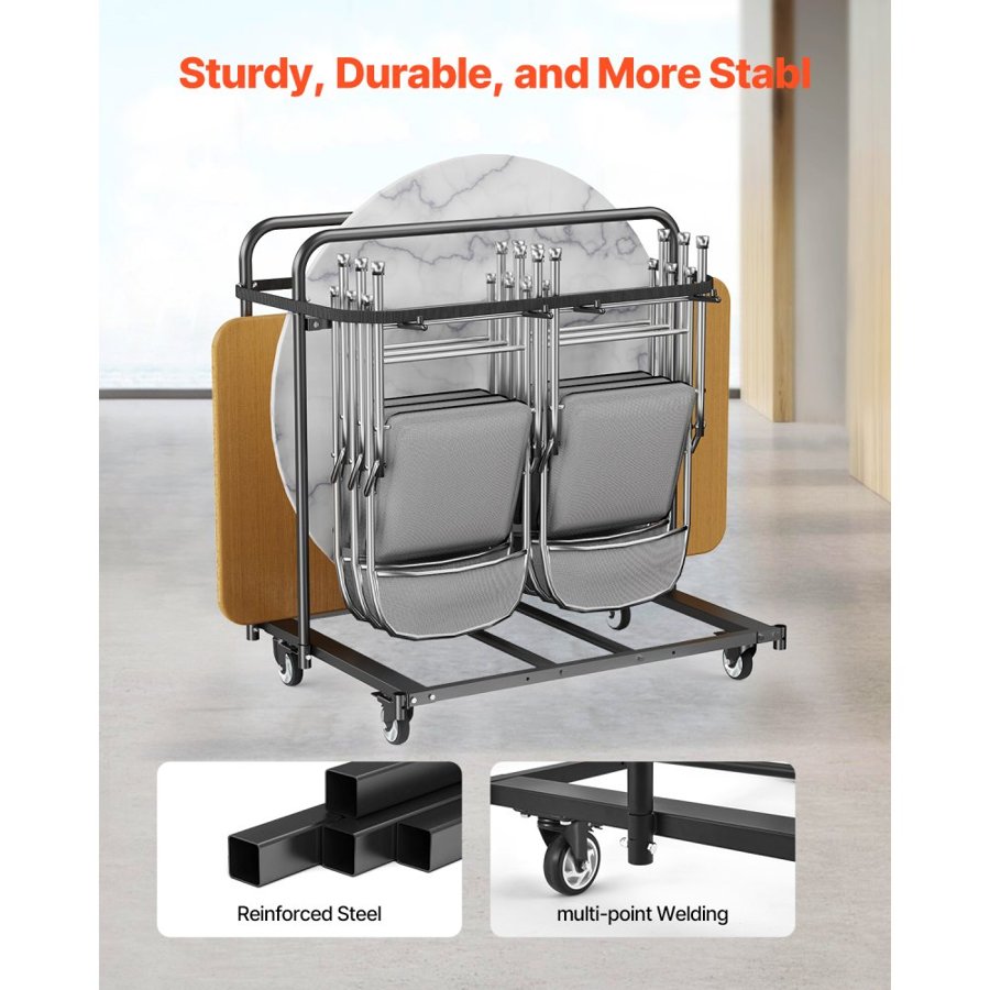 VEVOR Folding Chair Rack, 400 LBS Capacity, Heavy-duty Chair Cart for 5 Tables+14 Chairs, Chair Storage Dolly Chair Holder w/ Swivel Casters and Locking Wheels,for Party Event,Hotel, Matte Black
