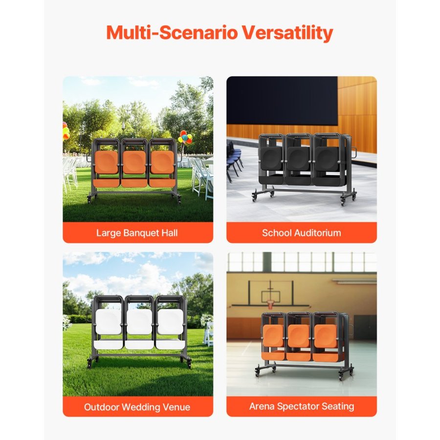 VEVOR Folding Chair Rack, 400 LBS Capacity, Heavy-duty Chair Cart for 42 Chairs or 12 Tables, Multi-Function Chair Storage Dolly with Rubber Wheels and Holders, Large Chair Holder, Matte Black