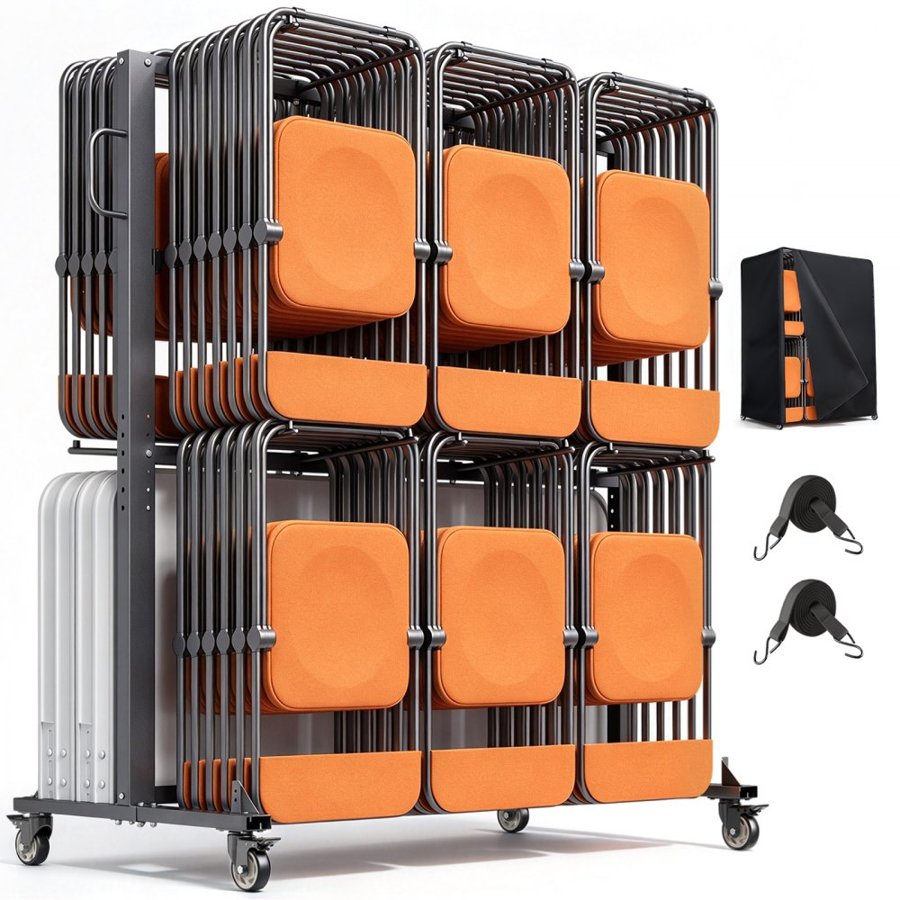 VEVOR Folding Chair Rack, 800 LBS Capacity, Heavy-duty Chair Cart for 84 Chairs/ 12 Tables+42 Chairs, Dual-layer Chair Storage Dolly with Rubber Wheels and Holders, Large Chair Holder, Matte Black