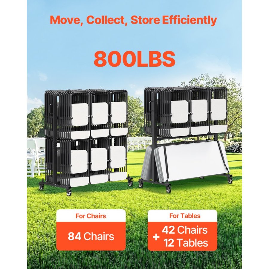 VEVOR Folding Chair Rack, 800 LBS Capacity, Heavy-duty Chair Cart for 84 Chairs/ 12 Tables+42 Chairs, Dual-layer Chair Storage Dolly with Rubber Wheels and Holders, Large Chair Holder, Matte Black