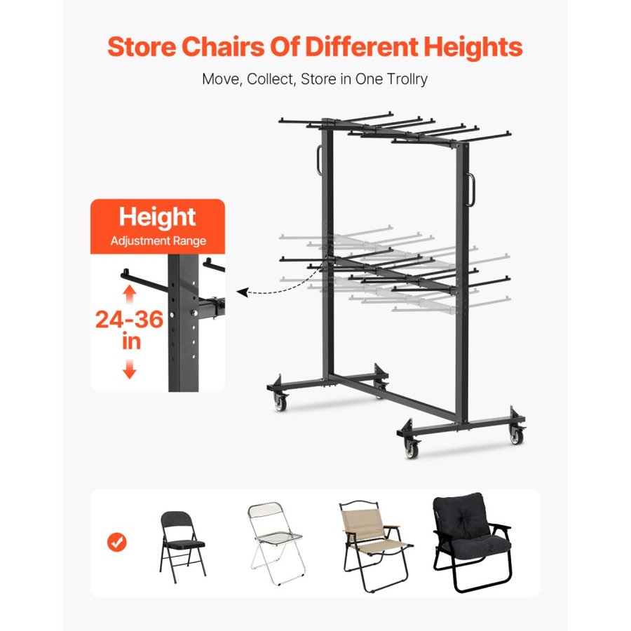 VEVOR Folding Chair Rack, 800 LBS Capacity, Heavy-duty Chair Cart for 84 Chairs/ 12 Tables+42 Chairs, Dual-layer Chair Storage Dolly with Rubber Wheels and Holders, Large Chair Holder, Matte Black