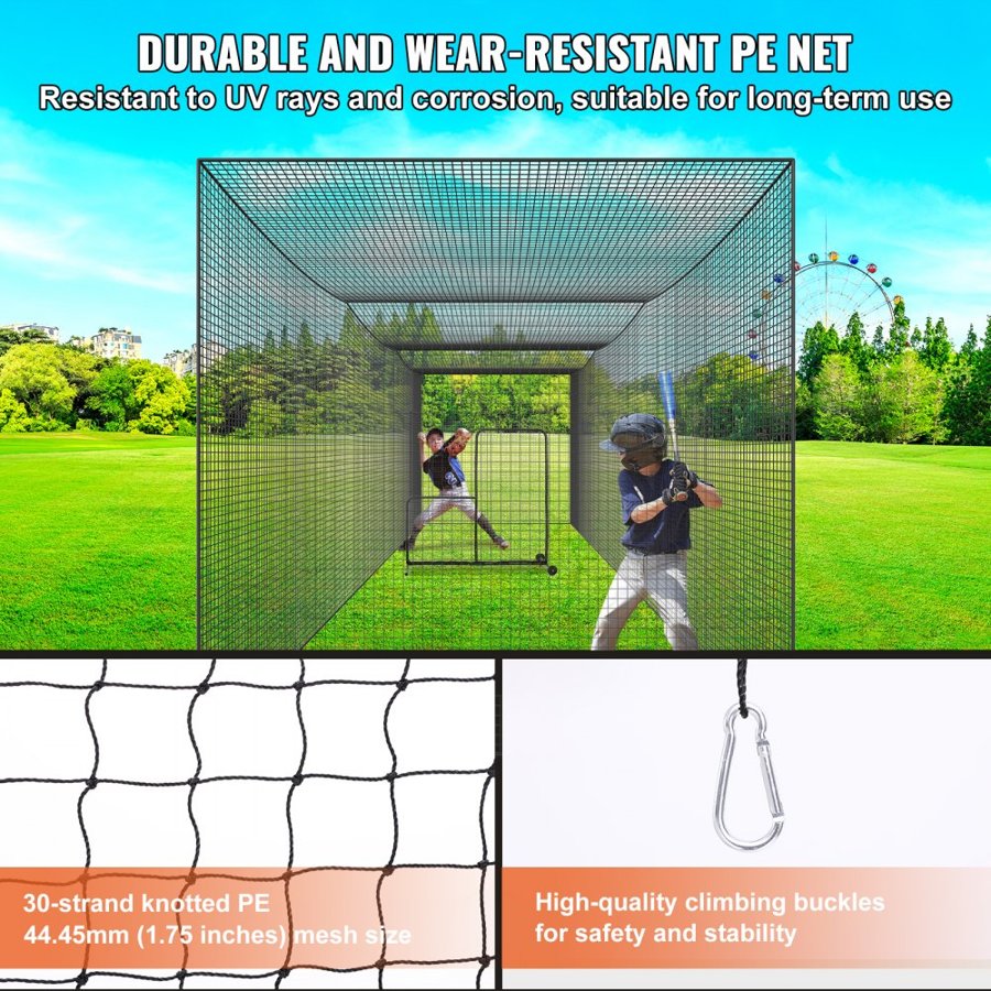 VEVOR Baseball Batting Netting, Professional Softball Baseball Batting Hitting Training Net, Practice Portable Pitching Cage Net with Door & Carry Bag, Heavy Duty Enclosed PE Netting, 35FT (NET ONLY)