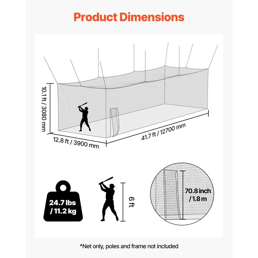 VEVOR Baseball Batting Cage, 12700 x 3900 x 3080mm Freestanding Portable Batting Cage, Hitting Cages with 30-Ply Knotted HDPE & Carabiner Hooks, Battings Cages Netting for Indoor, Outdoor (NET ONLY)