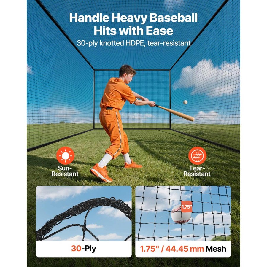 VEVOR Baseball Batting Cage, 12700 x 3900 x 3080mm Freestanding Portable Batting Cage, Hitting Cages with 30-Ply Knotted HDPE & Carabiner Hooks, Battings Cages Netting for Indoor, Outdoor (NET ONLY)
