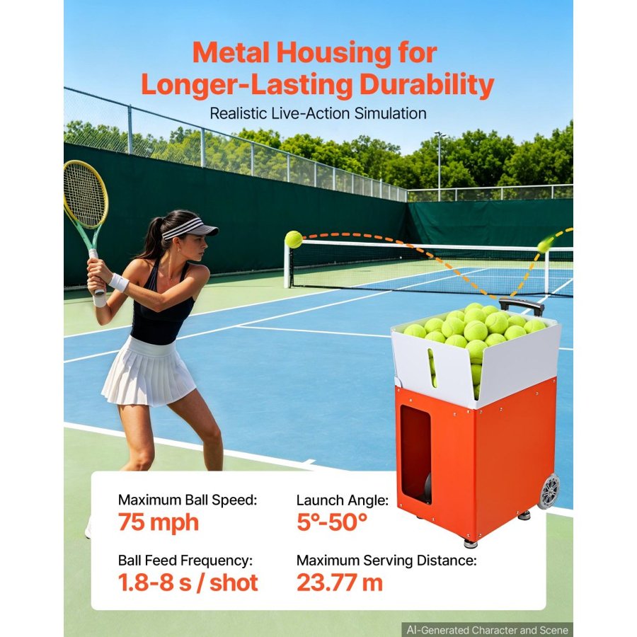 VEVOR Tennis Ball Machine Auto Portable Ball Launcher for Practice Training, with App Remote Control, 110 Ball Capacity, Spin Control, 20 Training Modes, 4H Battery Life, and Speeds up to 75MPH