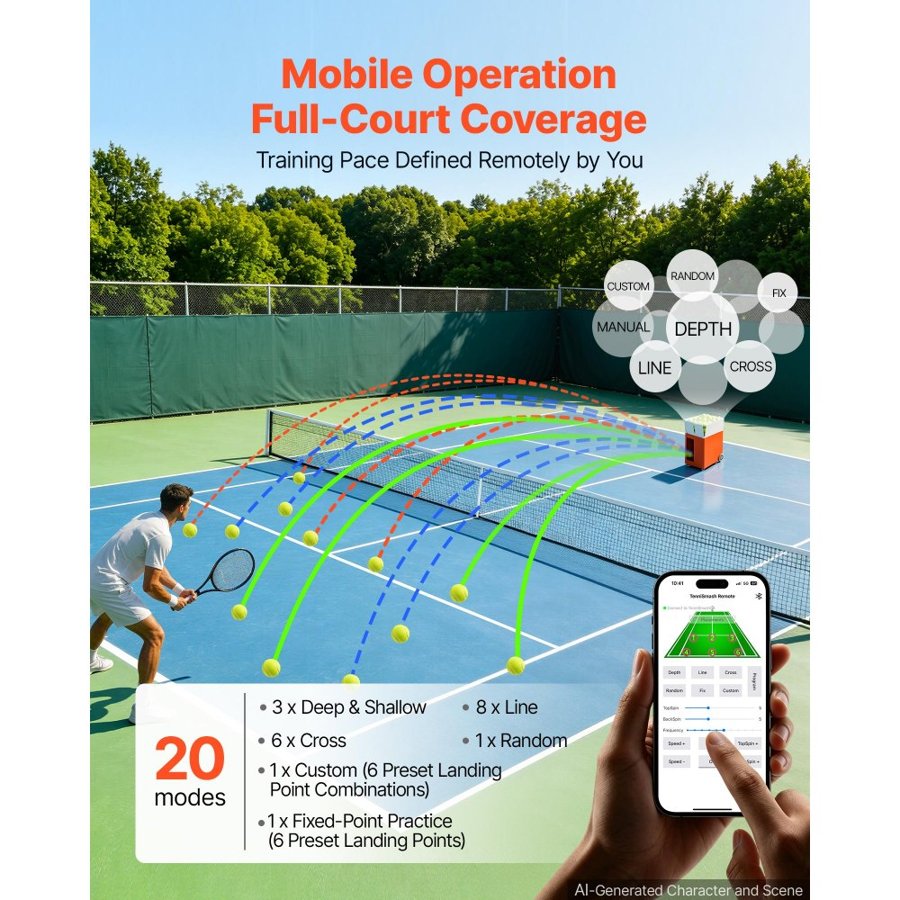 VEVOR Tennis Ball Machine Auto Portable Ball Launcher for Practice Training, with App Remote Control, 110 Ball Capacity, Spin Control, 20 Training Modes, 4H Battery Life, and Speeds up to 75MPH
