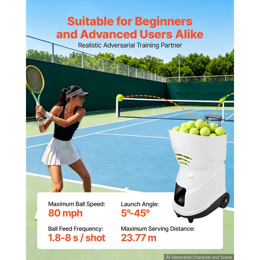 VEVOR Tennis Ball Machine Auto Portable Ball Launcher for Practice Training, with App Remote Control, 150 Ball Capacity, Spin Control, 20 Training Modes, 4H Battery Life, and Speeds up to 80MPH